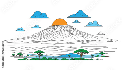 A whimsical, hand-drawn illustration of a large mountain peak with a bright sun and colorful clouds above a green landscape.