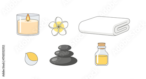 Spa and Wellness Elements: Candle, Flower, Towel, Stones, Oil