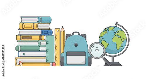 Stacked Books, Backpack, Globe, and Magnifying Glass Illustration for Education