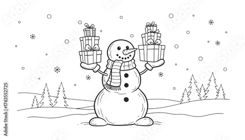 A cheerful snowman stands in a snowy landscape, holding stacks of gifts in each hand. Winter trees and falling snow complete the festive scene.