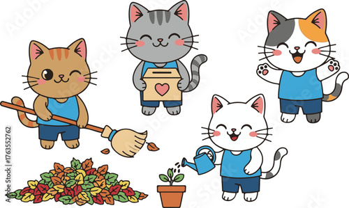 Cat acting as volunteers helping community doing charity work. International Volunteer Day