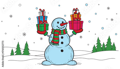 Joyful snowman carries stacked christmas presents in snowy landscape
