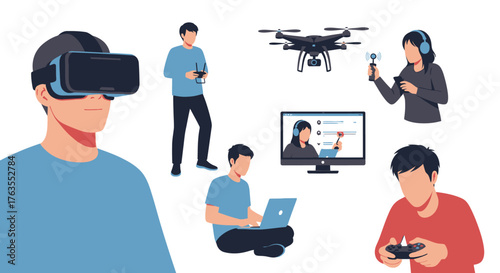 Vector illustration set of people using modern technology for entertainment and communication, including VR, drones, gaming, and online activities.