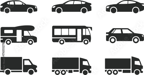 Silhouette vehicle icons set, sedan, SUV, truck, van, bus, compact car, transport vector, black flat cad drawing illustration