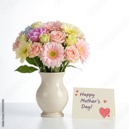 A bouquet featuring pink peonies, white hydrangeas, yellow daffodils, and a mother's day card