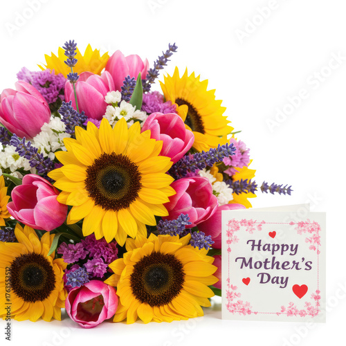 A bouquet featuring pink peonies, white hydrangeas, yellow daffodils, and a mother's day card