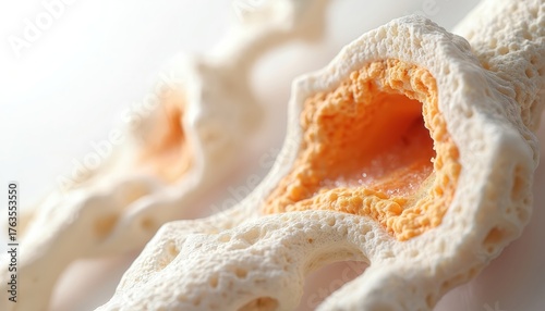 Fototapeta Naklejka Na Ścianę i Meble -  Illustration of human bone structure in close up cross section. The detailed medical image shows calcium deposits and collagen fibers within the bone. Anatomy concept for health education