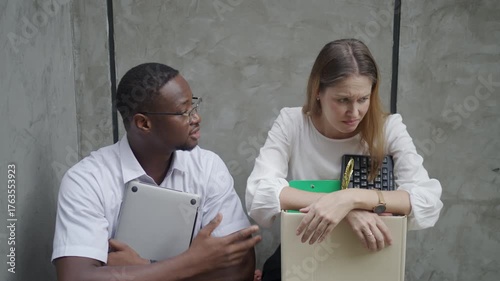 The unemployed person are stay together with friend for encouragement. Unemployment, Lay off, life 's crisis.