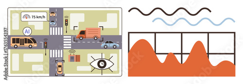 AI-controlled vehicles, traffic signals, monitors, and data graphs optimize smart city flow. Ideal for urban planning, smart city, transportation, AI efficiency connectivity safety. Simple flat