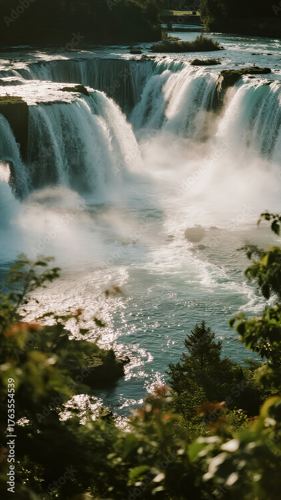 Fototapeta premium Angled aerial image with waterfall mist and sunlight rays