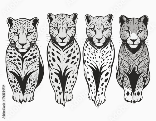 jaguar, cheetah, and wildcat animal silhouette in ethnic tribal tattoos