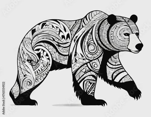 grizzly bear in modern tribal tattoo, abstract line art of animals, minimalist contour. Vector