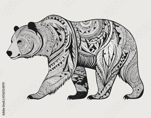 grizzly bear in modern tribal tattoo, abstract line art of animals, minimalist contour. Vector