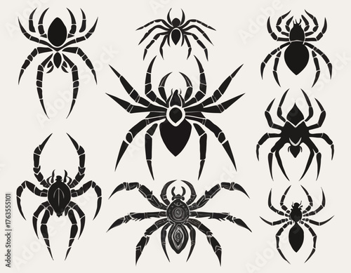 modern tribal tattoos of spider, tarantulas, abstract line art, and minimalist contour