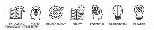 Knowledge banner icon with education, think, development, study, potential, brainstorm, creative