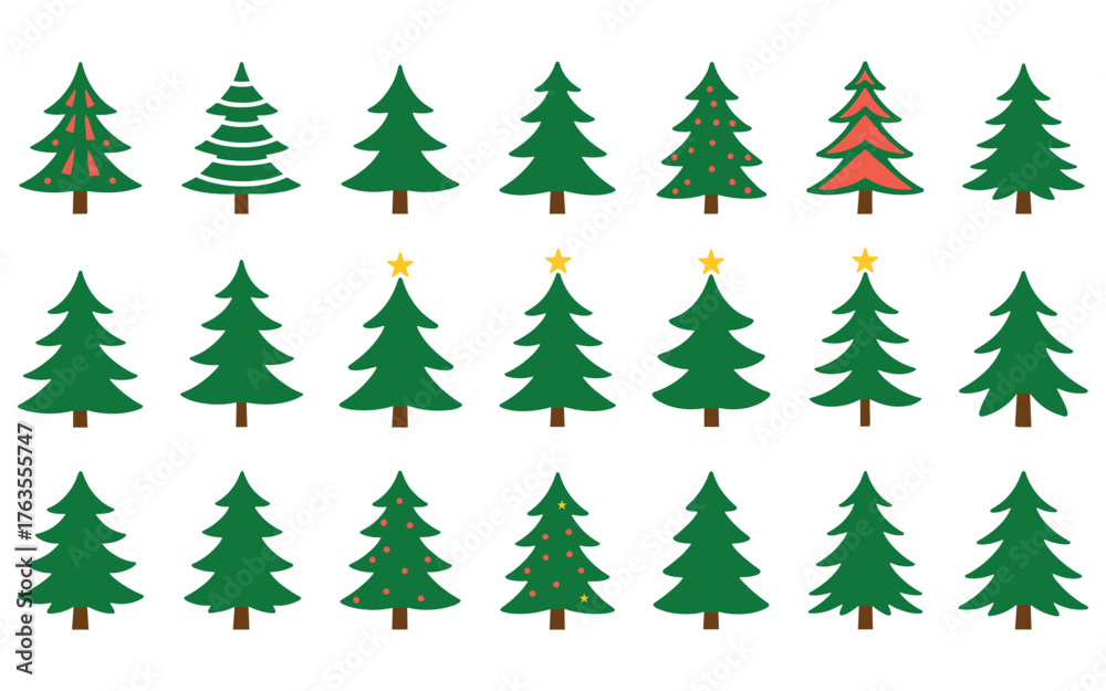 Obraz premium Set of eighteen green christmas trees of various shapes isolated on white background for holiday designs