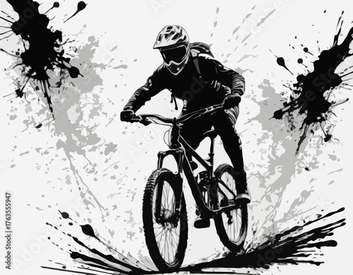 Dynamic Mountain Biker Silhouette in Black Ink Splashes