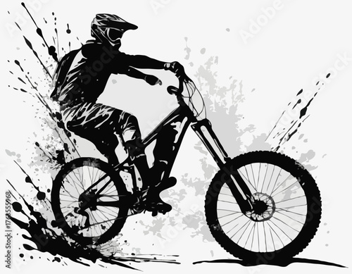 Dynamic Mountain Biker Silhouette in Black Ink Splashes