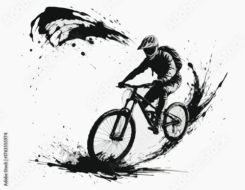 Dynamic Mountain Biker Silhouette in Black Ink Splashes