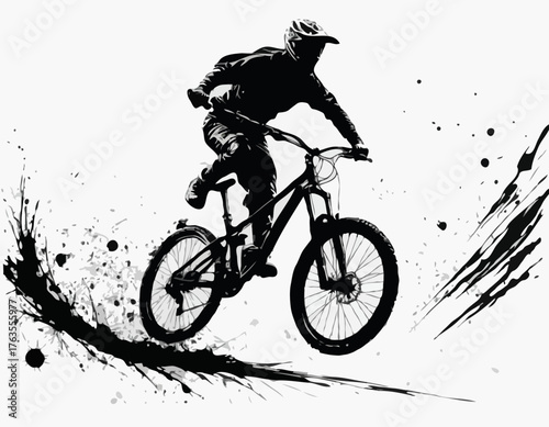 Dynamic Mountain Biker Silhouette in Black Ink Splashes