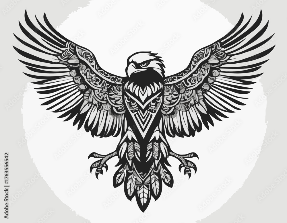 Fototapeta premium Ethnic Tribal Tattoo of an Eagle Silhouette, Bird Animal Design, Intricate Artwork, Cultural Symbolism