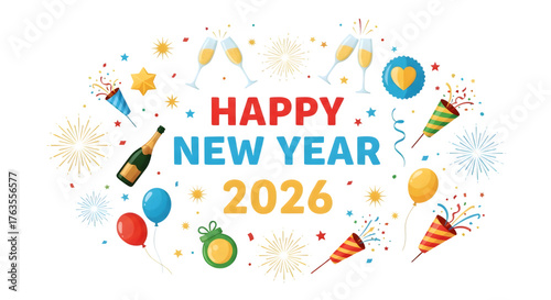 Happy new year 2026 celebration with fireworks champagne and balloons isolated on transparent background