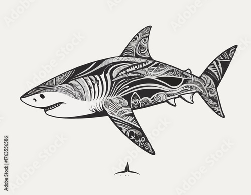 modern tribal tattoos of shark, abstract line art, and minimalist contour