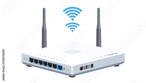 An illustration showcasing a white wireless device with two antennas, emitting a pair of blue wifi signals above it