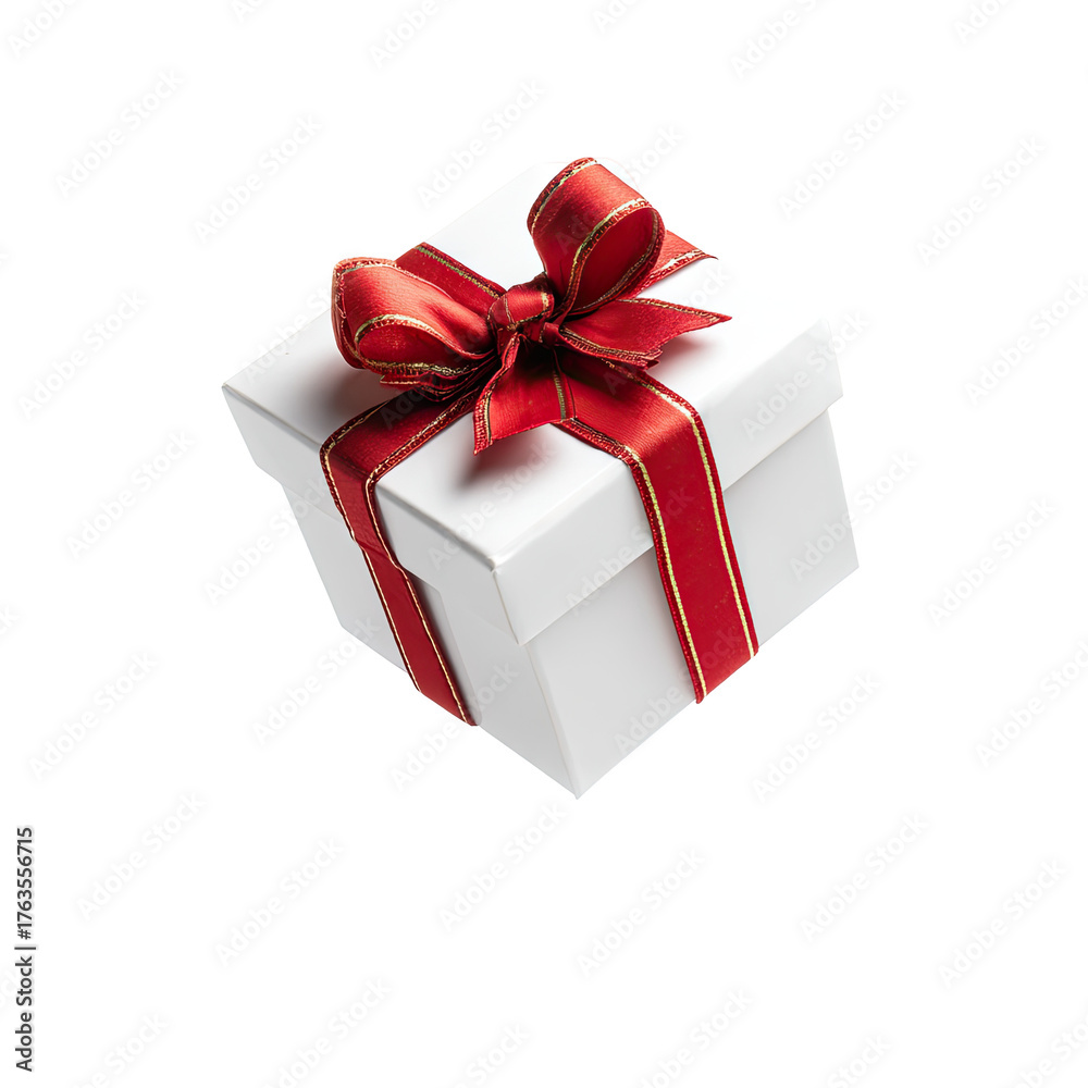 Fototapeta premium A single square gift box with a red satin ribbon bow atop, isolated against a dark background