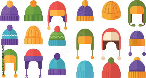 Collection of colorful winter hats with pom poms