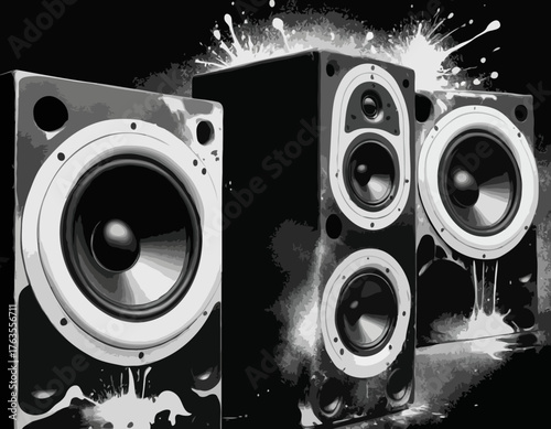 Bold black and white audio speakers illustration with spray paint effect