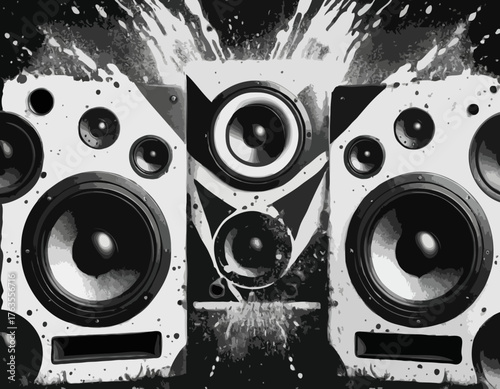 Bold black and white audio speakers illustration with spray paint effect