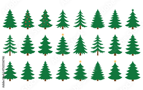 Collection of twentyfour green christmas trees in various shapes isolated on white background for holiday designs