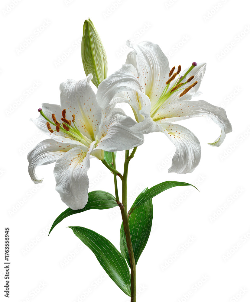 Fototapeta premium Delicate white lilies with vibrant green leaves on a black background, artistic and pure