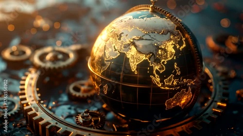 Illuminated terrestrial sphere resting on intricate mechanical gears with warm backlight