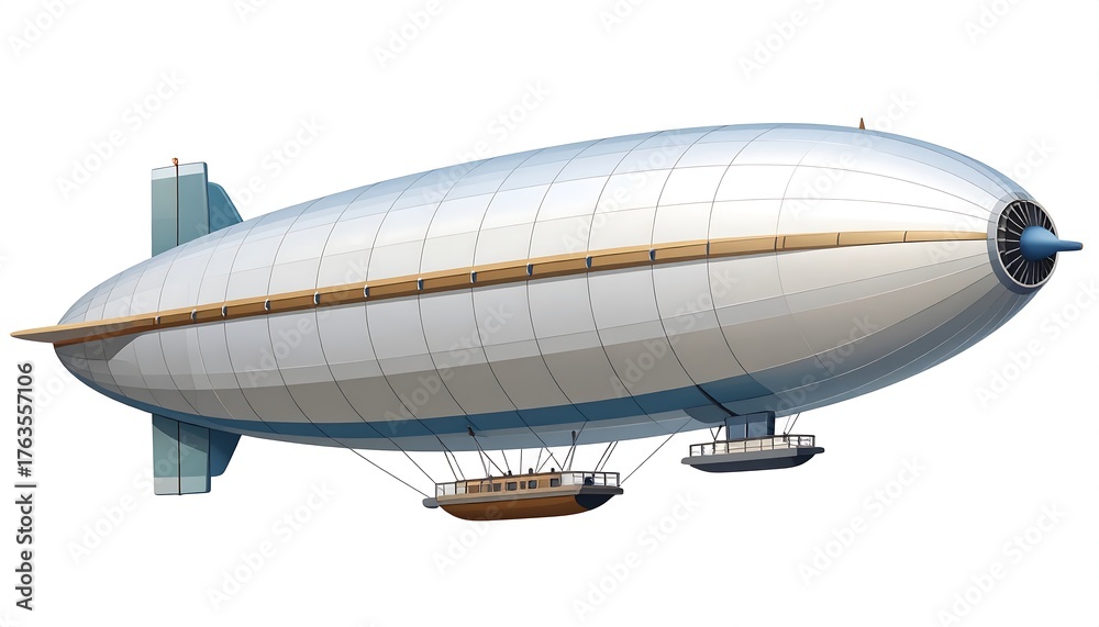 Fototapeta premium An illustration of a classic airship, gray with a light brown trim, suspended in air. Features a passenger cabin hanging beneath its elongated body, with a propeller at the front