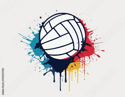 Dynamic Volleyball Icon with Stencil Effect and Dripping Paint D
