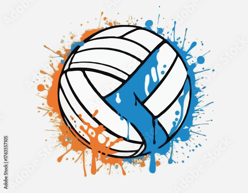 Dynamic Volleyball Icon with Stencil Effect and Dripping Paint D