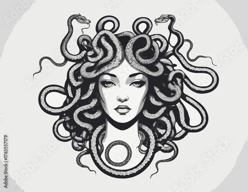 Monochrome vector rendering of a Medusa-like creature with a sna