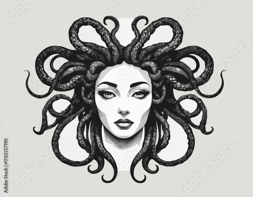 Monochrome vector rendering of a Medusa-like creature with a sna