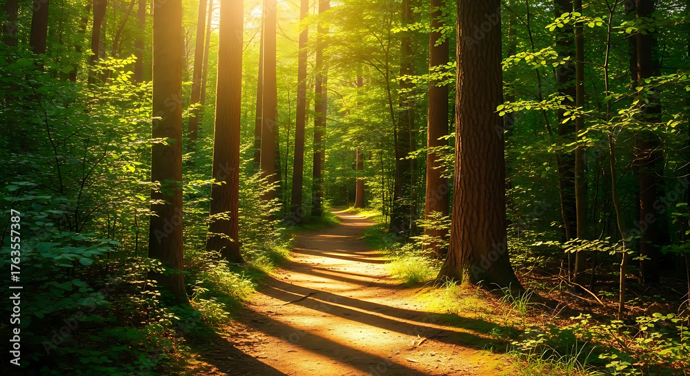 Obraz premium A dirt path winding through a sunlit forest with tall trees and green foliage on either side ai generated