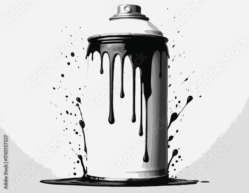 Stylized spray paint can in black and white with paint drips illustration