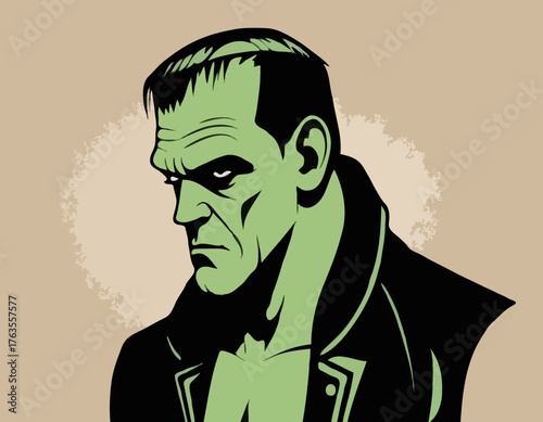 frankenstein silhouette, horror character in graffiti tag, hip hop, street art typography illustration.