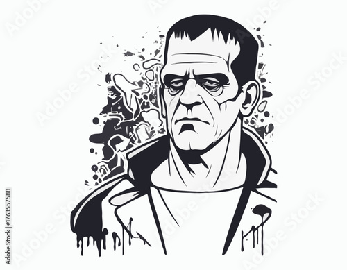 frankenstein silhouette, horror character in graffiti tag, hip hop, street art typography illustration.