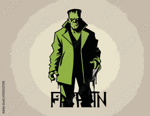 frankenstein silhouette, horror character in graffiti tag, hip hop, street art typography illustration.