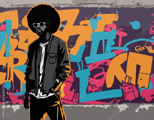 afro man silhouette, people in graffiti tag, hip hop, street art typography illustration.