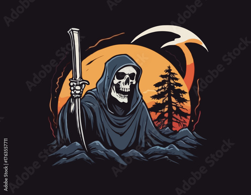 abstract reaper skull illustration t-shirt design, merchandise, stikers, totebag,