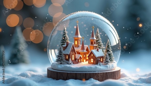A snow globe with a small festive village inside, bright reflections and moving glitter.