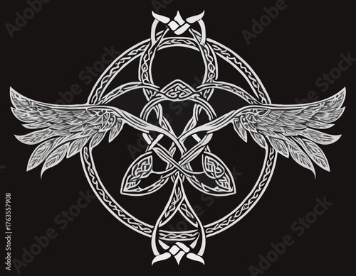 valkyre in silhouete with celtic knot pattern illustration