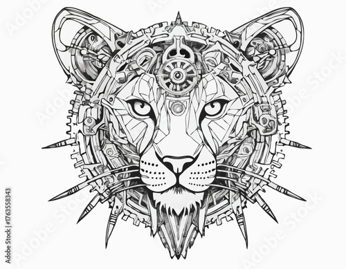 lion cat, wildcat, animal in techno cyberpunk and steampunk tattoo, wire, machine gear logo,